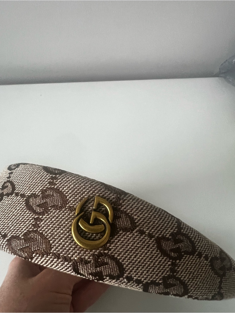 Gucci Brown Beige Monogram Padded Headband with Gold Accent - Picture 2 of 6
